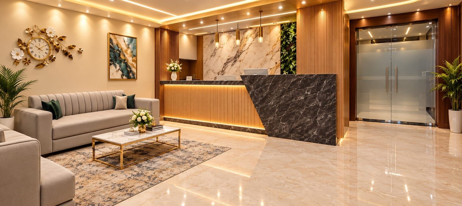 A modern hotel lobby with a reception desk, a sofa, a coffee table, and a refrigerator.