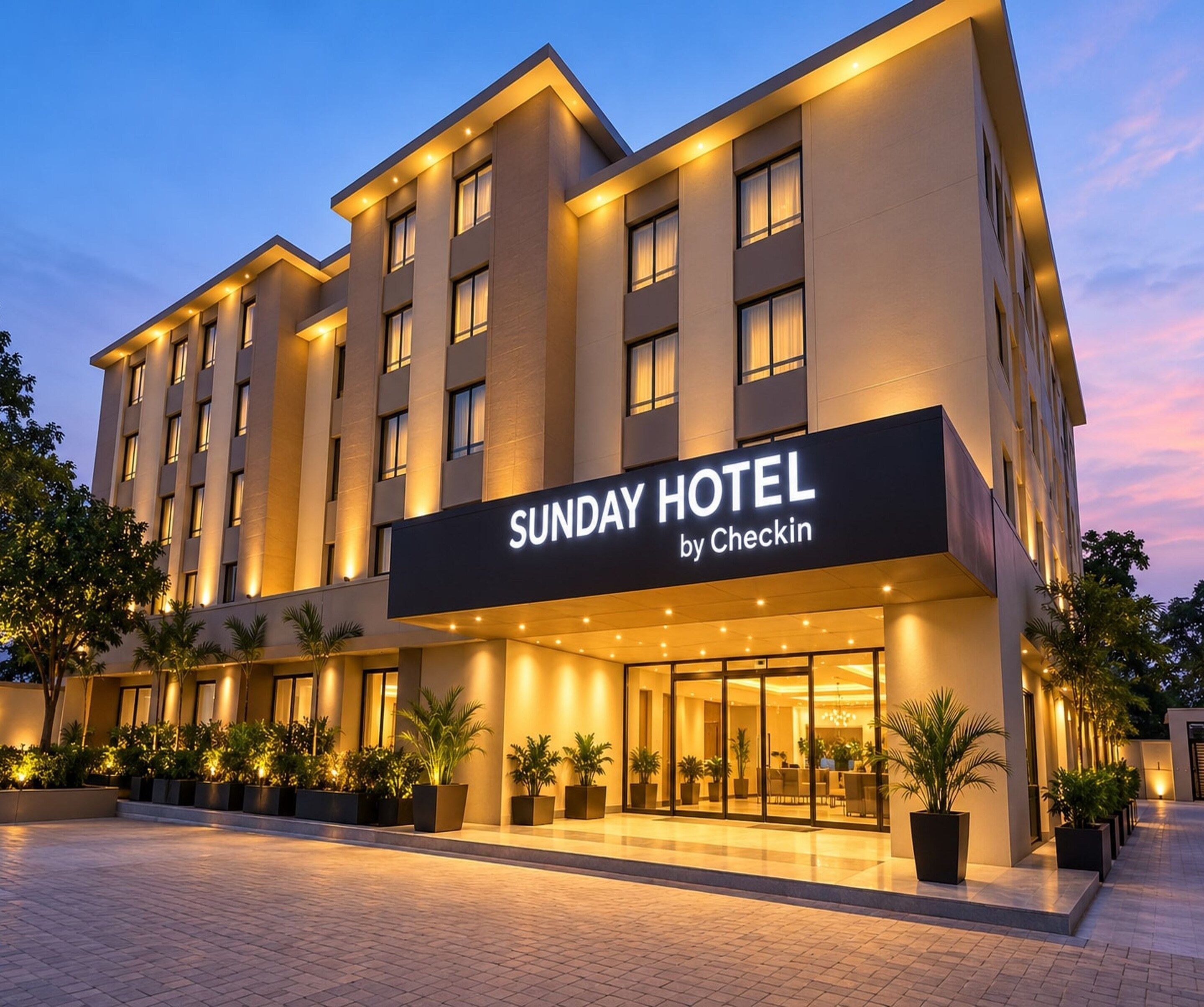 Et hotel med en moderne facade, store vinduer og et skilt, der viser 'SUNDAY HOTEL by Checkin'.