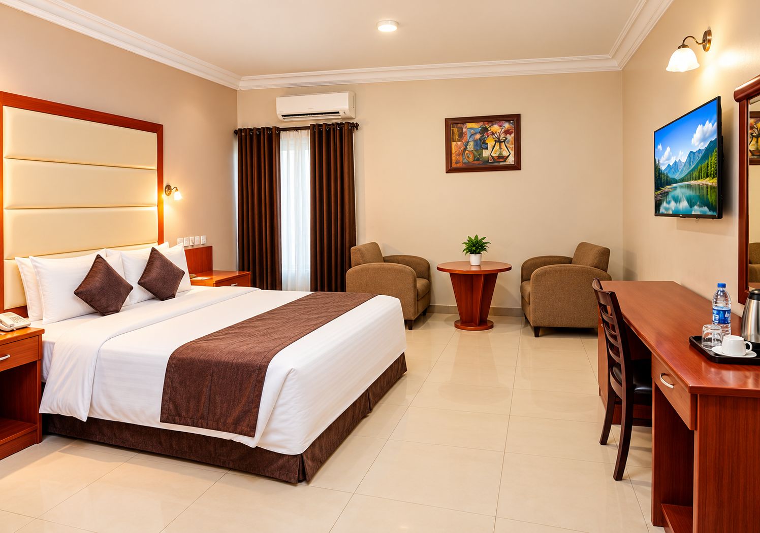 Habitación de hotel con cama, escritorio, dos sillones, una mesita con una planta y obras de arte en las paredes.
