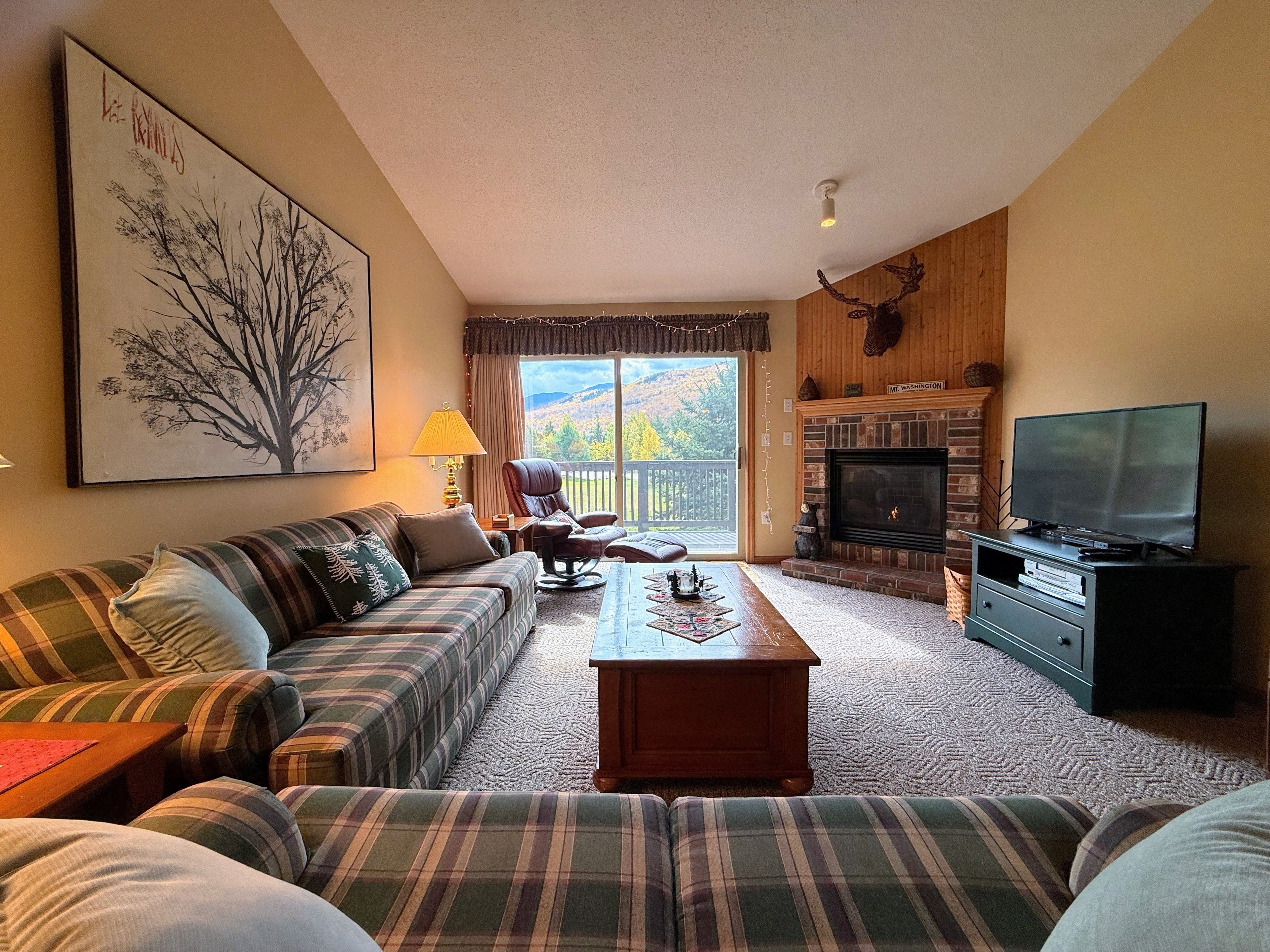 A living room with a sofa, a coffee table, a fireplace, and a television.