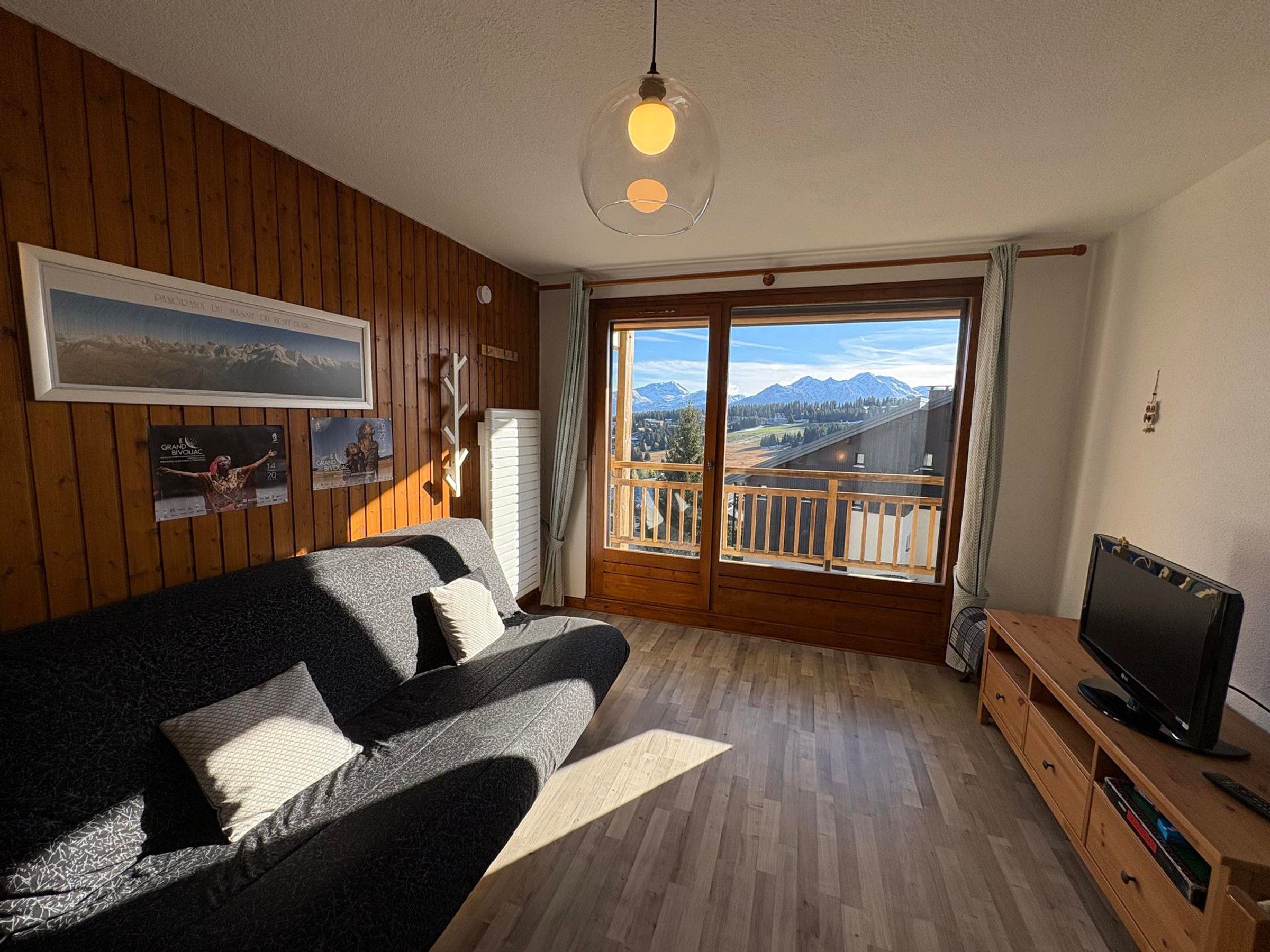 A room with a sofa, a television, a wooden floor, a large window with a view of mountains, and a ceiling light.