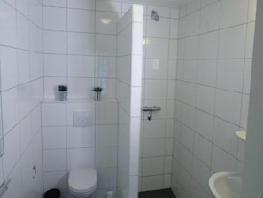 A small, tiled bathroom with a toilet, bidet, and a shower area. - Spacious Holiday Bungalow for 8 Guests (Biddinghuizen)