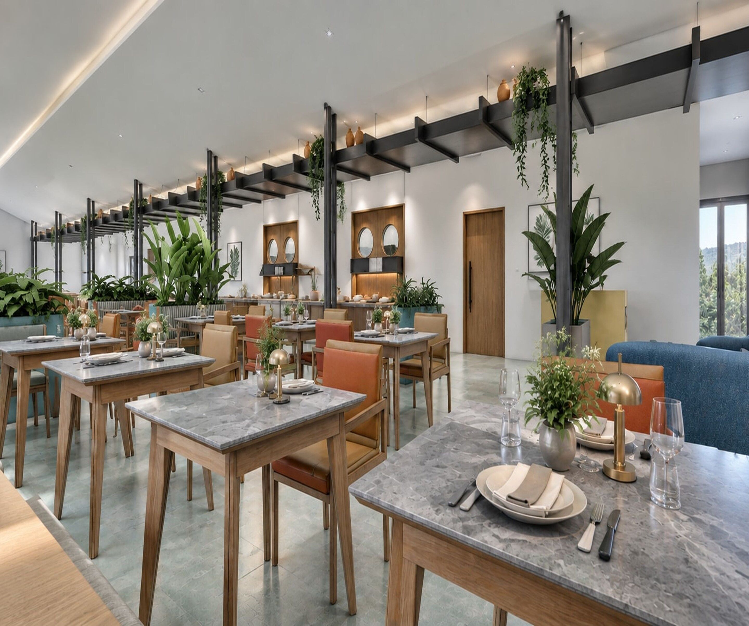 A modern dining area with marble tables, wooden chairs, and potted plants.