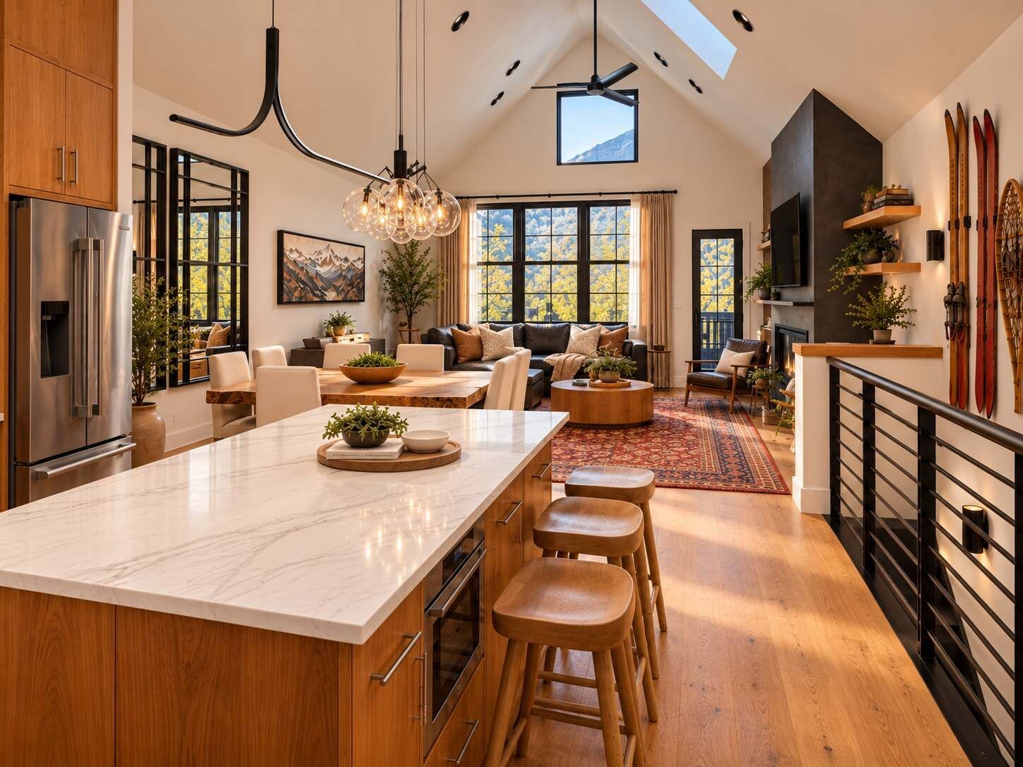 A spacious kitchen with a large island, wooden cabinets, and a modern chandelier.