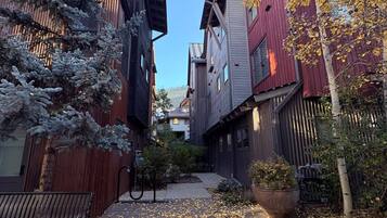 Una estrecha calle peatonal flanqueada por edificios, un banco y un sendero cubierto de hojas caídas.