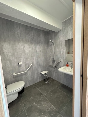 A modern bathroom with a toilet, grab bars, a shower, and a sink. - New Listing (Montenois)