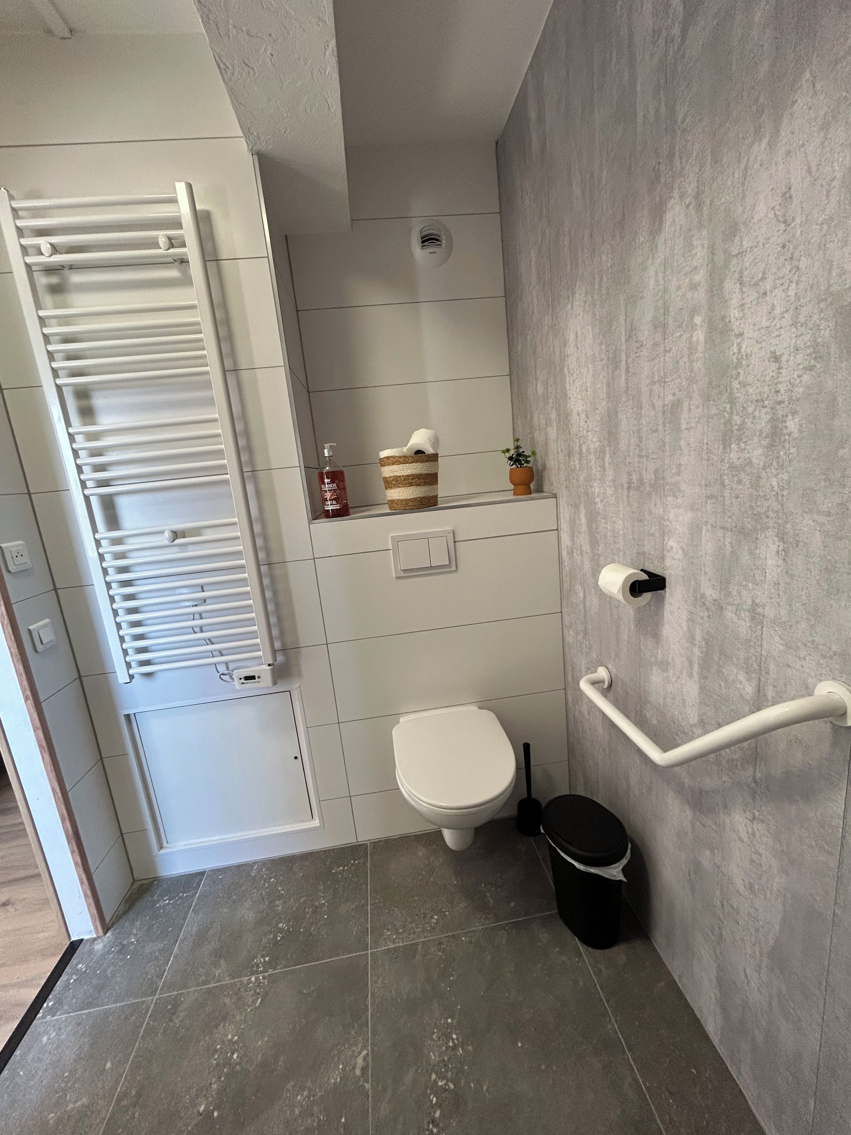 Een badkamer met een wit toilet, een handdoekhouder, een klein plankje met toiletartikelen, een handgreep en een prullenbak.