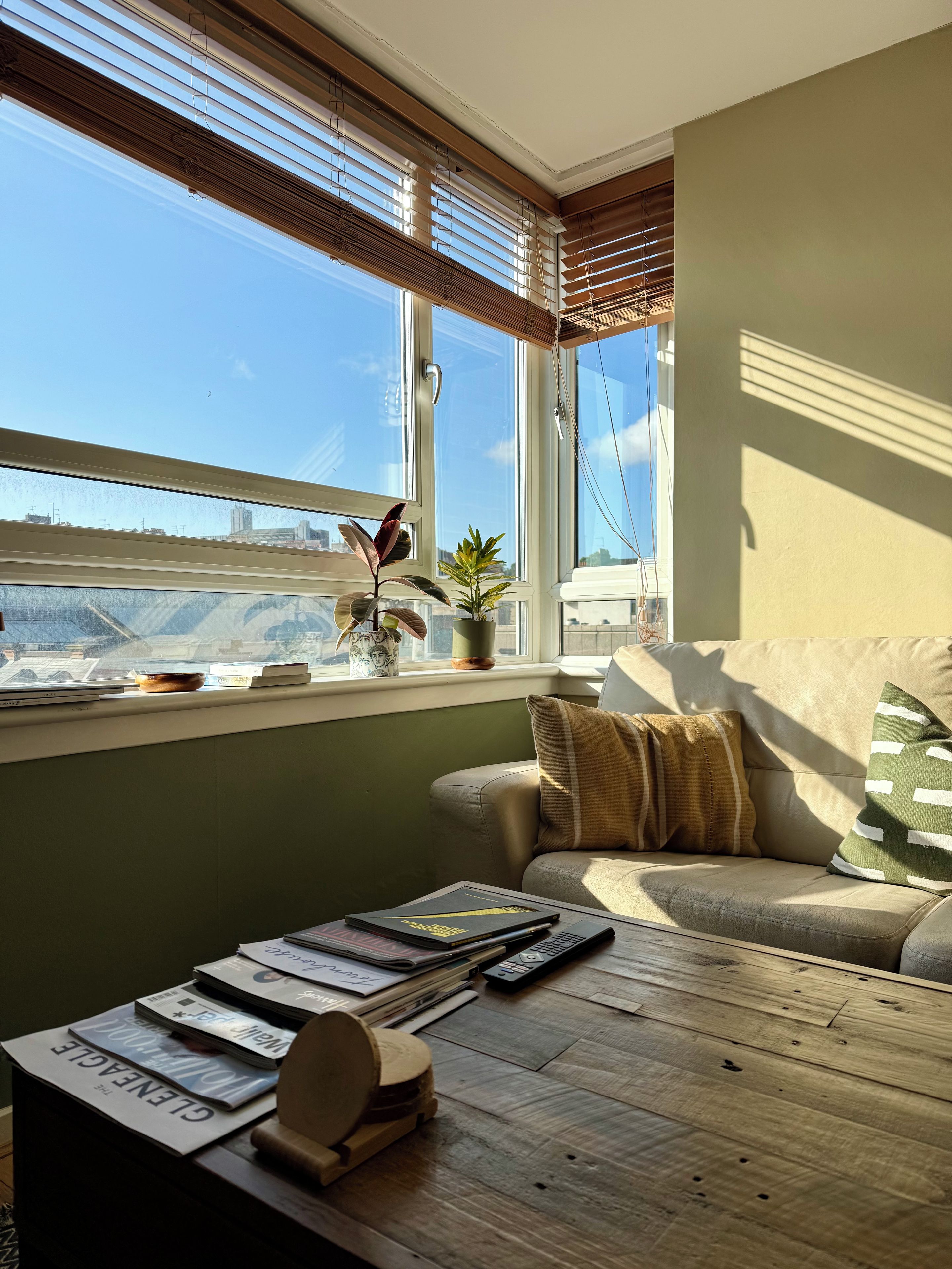 A cozy living room with a sofa, a coffee table with magazines and a remote control, a window with blinds, and a potted plant.