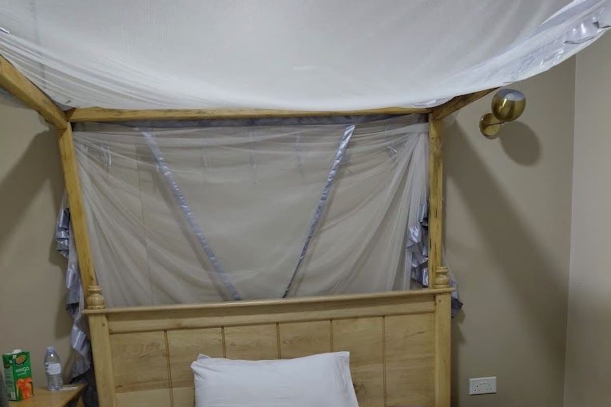 Una cama individual con cabecera de madera y mosquitera.