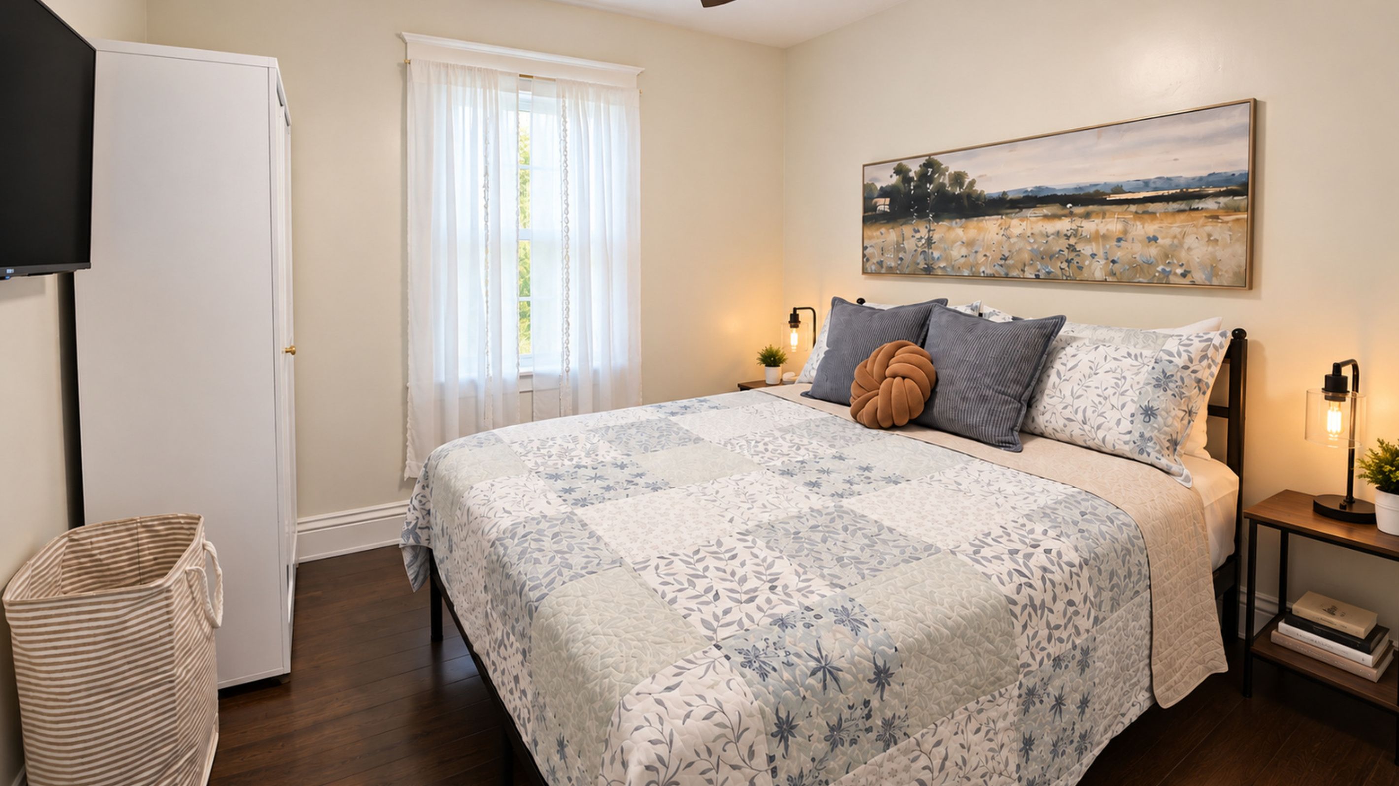 A bedroom with a large bed, a painting on the wall, a bedside table with a lamp, and a window with curtains.