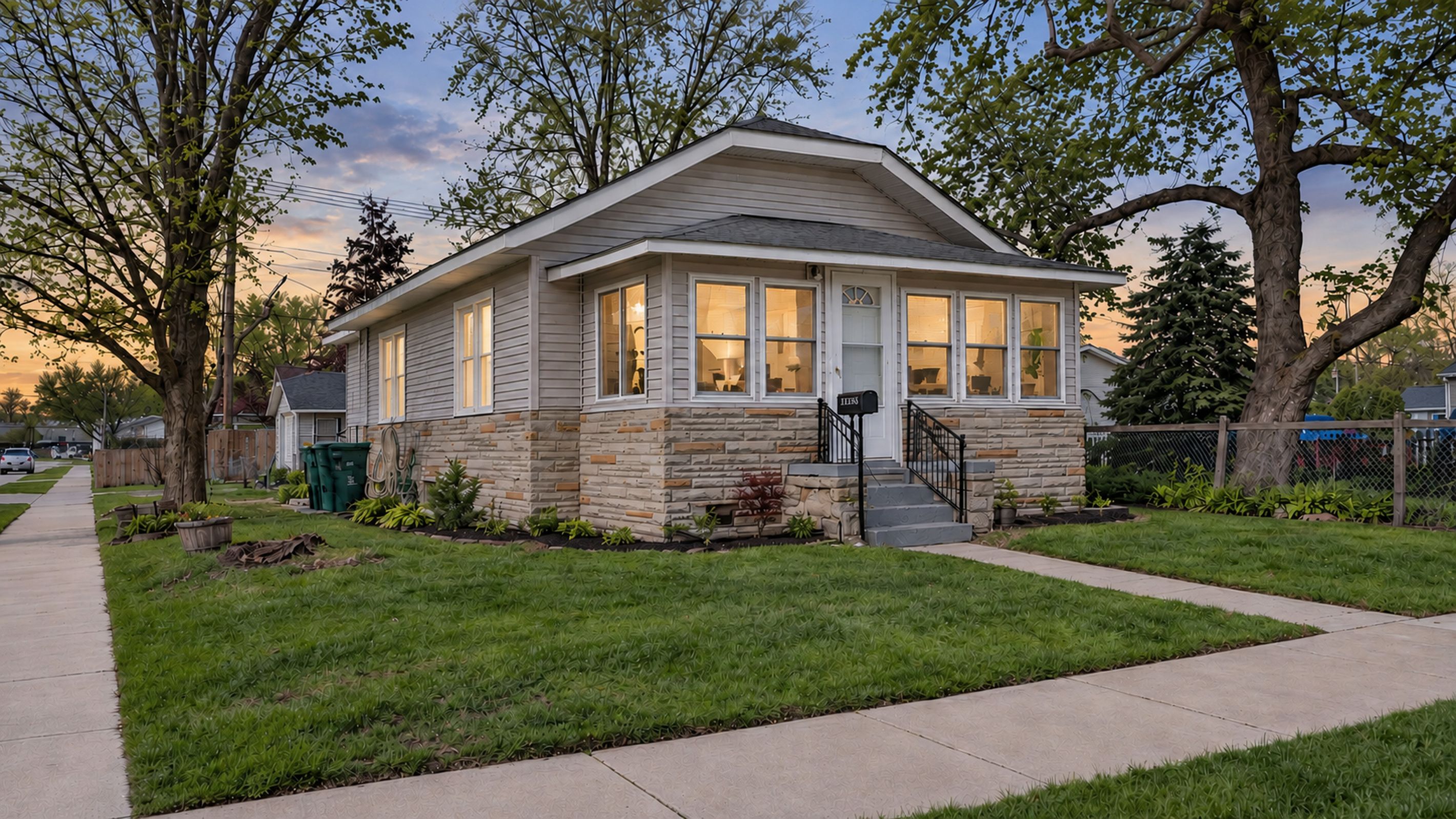A single-story house with a stone foundation, a front porch, and a visible mailbox.