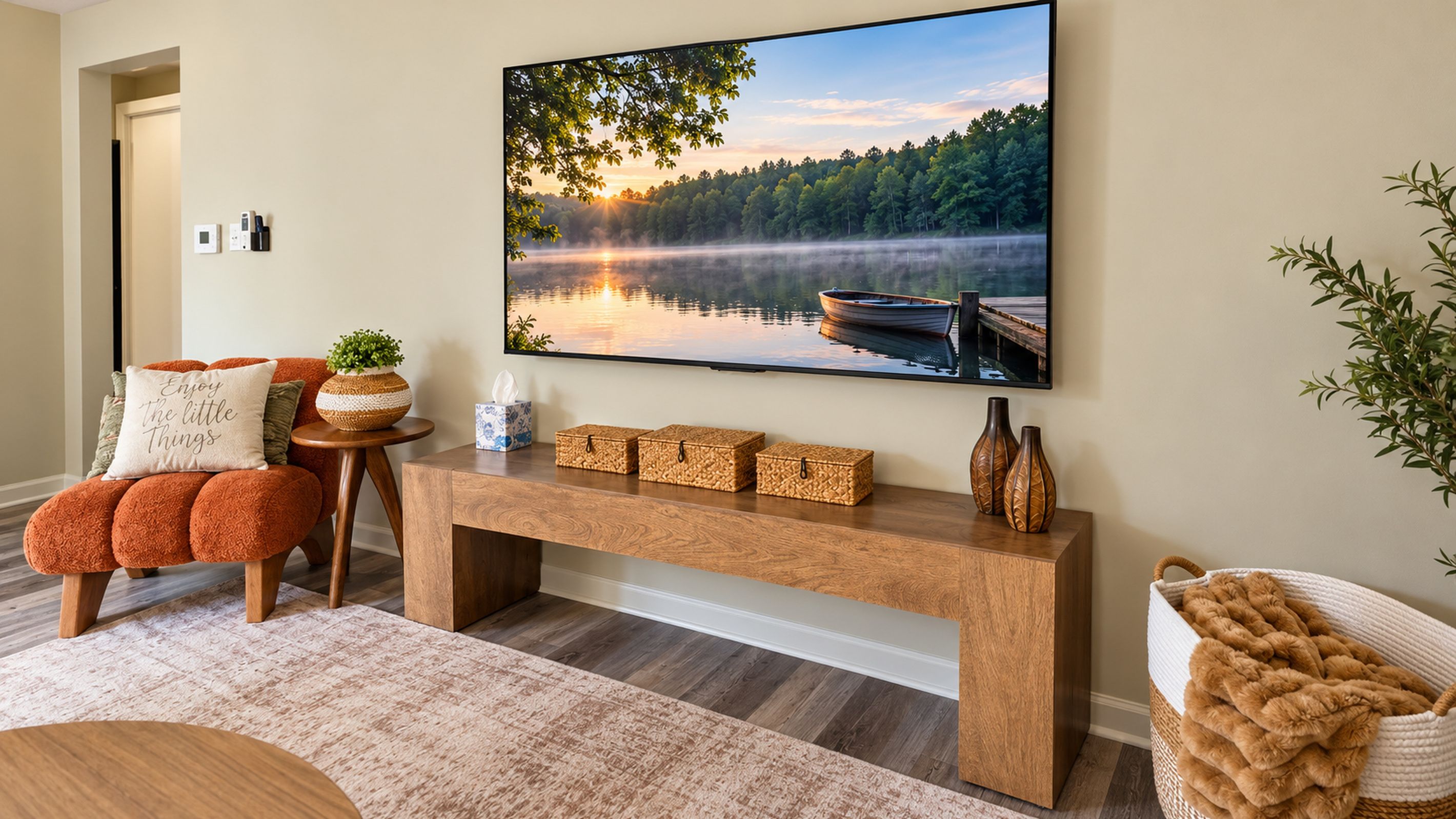 A living room with a large painting of a lake, a wooden bench, and a small table with decorative items.