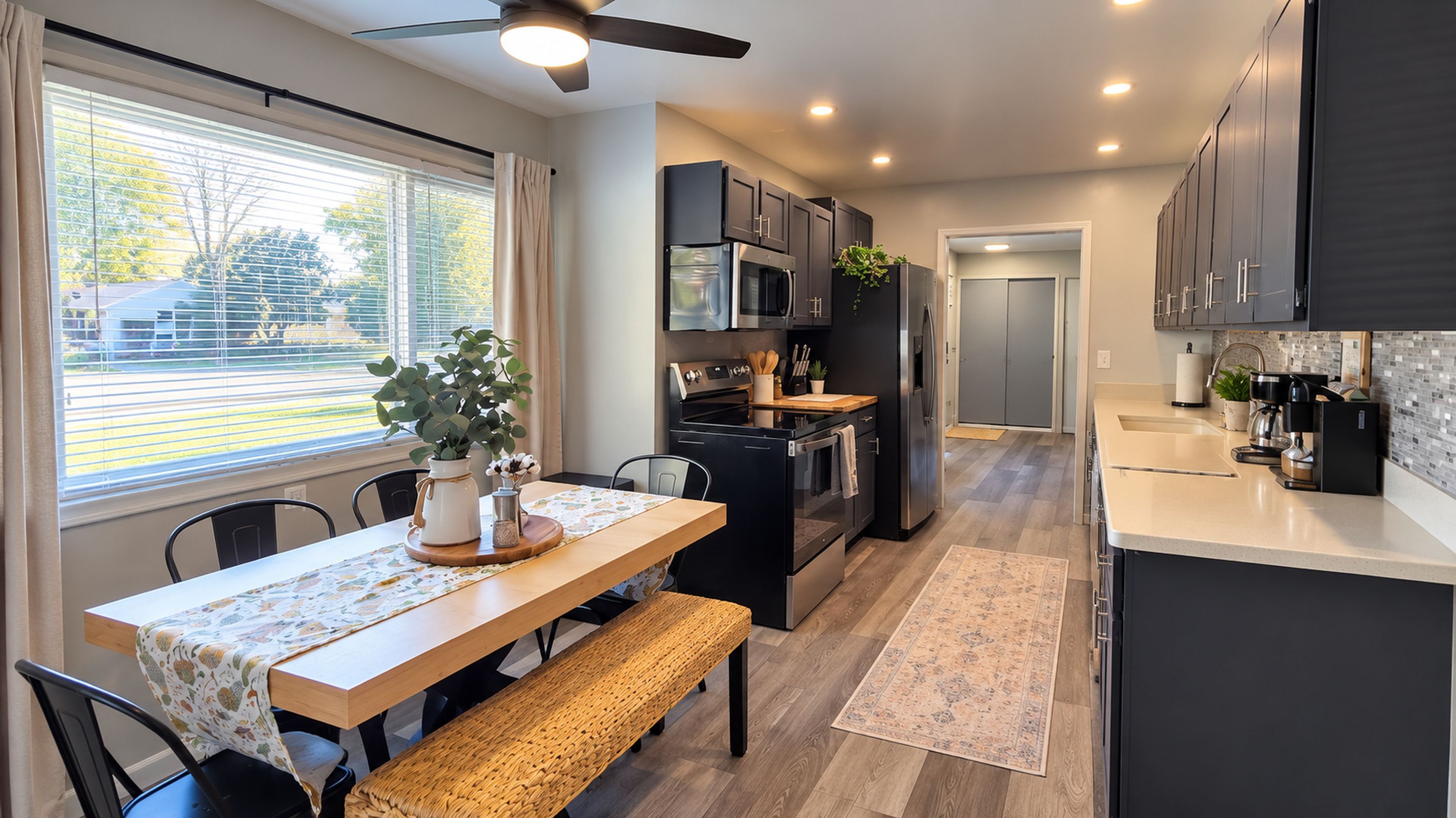 Una cocina moderna con muebles oscuros, un comedor con mesa y banco de madera, y vistas al exterior a través de una ventana.