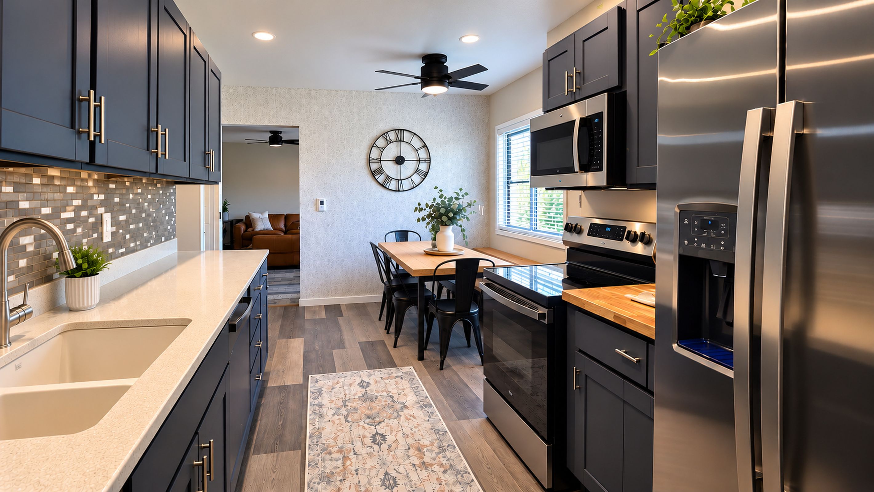A modern kitchen with stainless steel appliances, dark cabinetry, and a dining area with a wooden table and chairs.