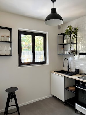 Una cocina compacta con ventana, una lámpara colgante negra, un lavamanos y una encimera con un escurreplatos.