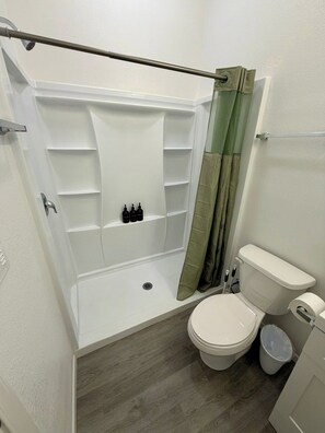 A bathroom with a shower enclosure, toilet, and a shelf with toiletries. - Historic Broad St Apt 4 in Upton’s Confectionery (Globe)