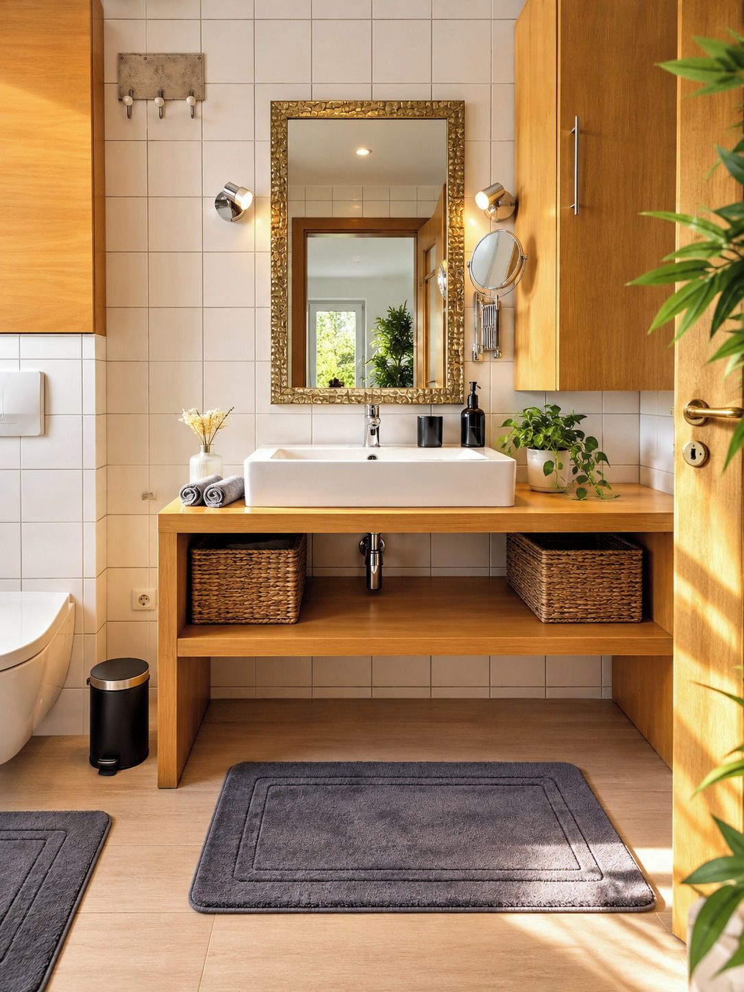 Une salle de bain avec un meuble-lavabo en bois, un lavabo blanc, un grand miroir et deux paniers en osier.