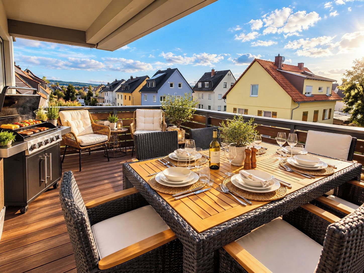 An outdoor dining area with a grill, wicker furniture, and a view of neighboring houses.