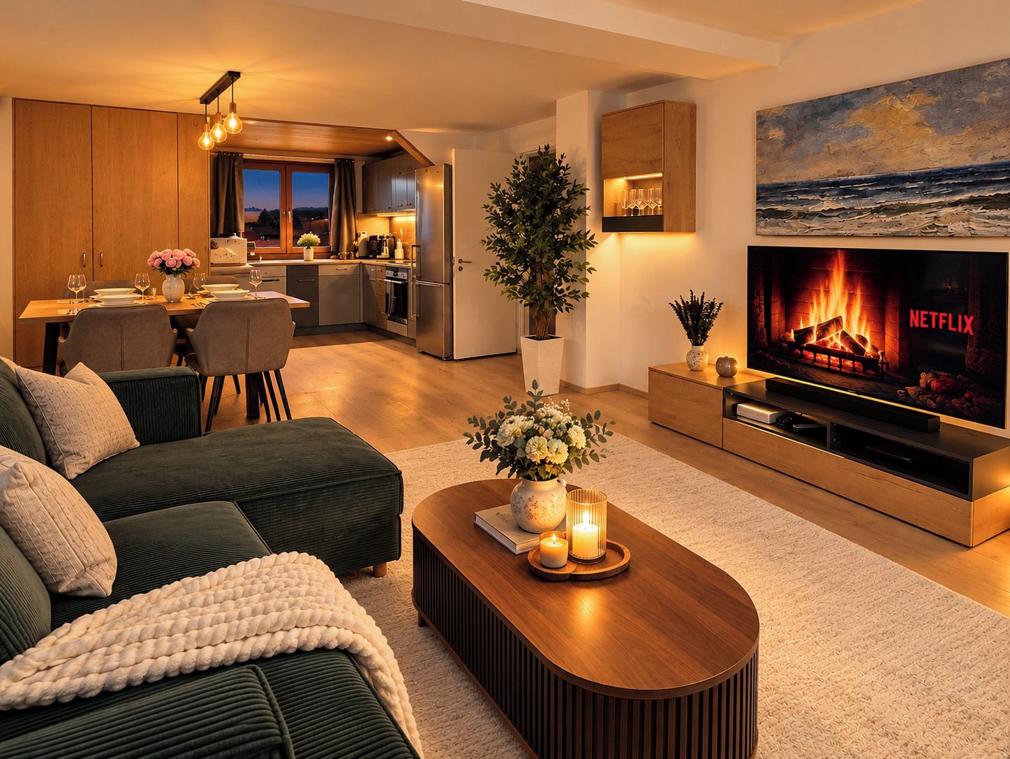 A modern living room with a sofa, a coffee table with candles, a TV with a fireplace display, and a dining area with a view.