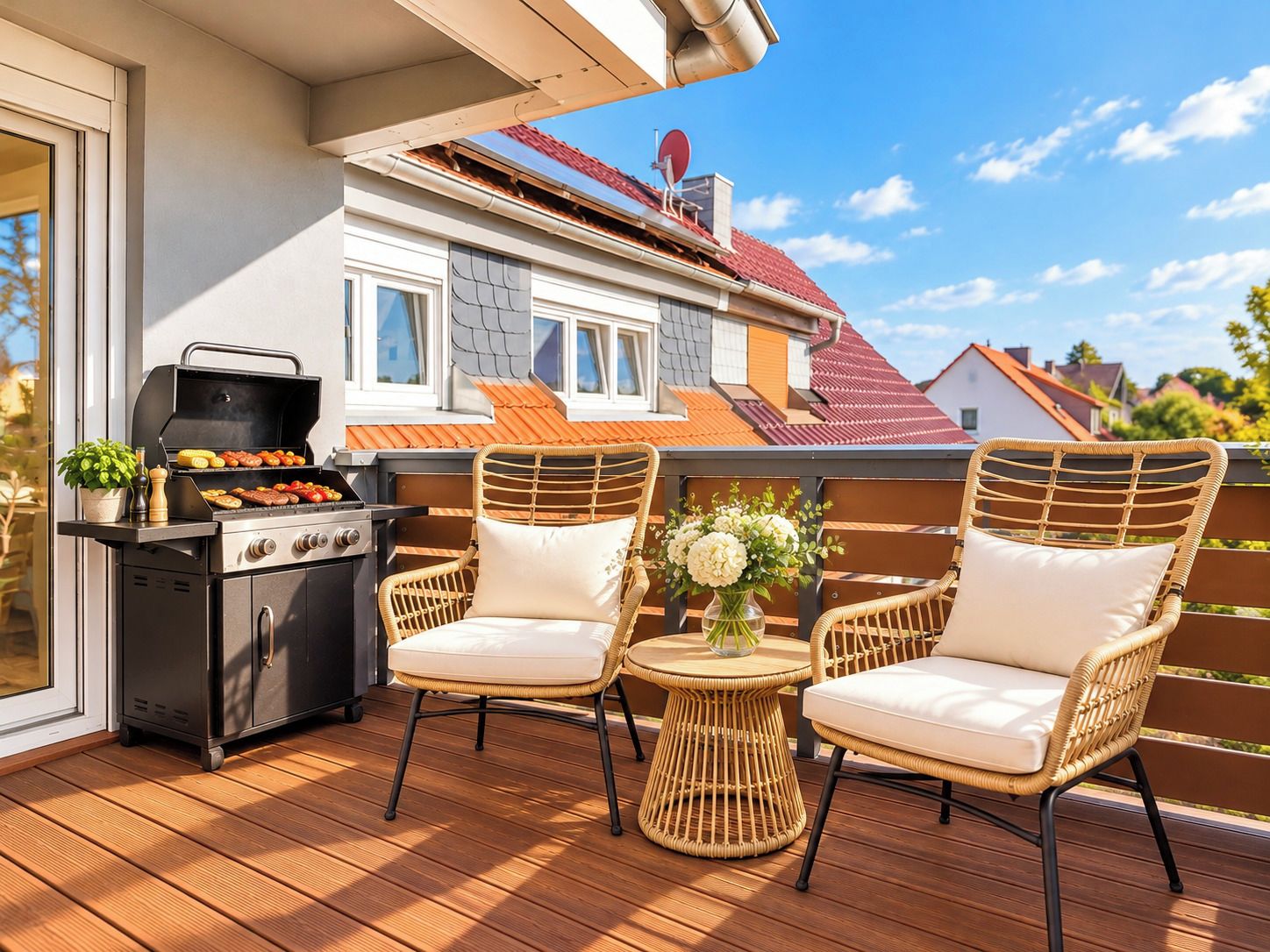 An outdoor patio with a grill, wicker chairs, and a small table with flowers.