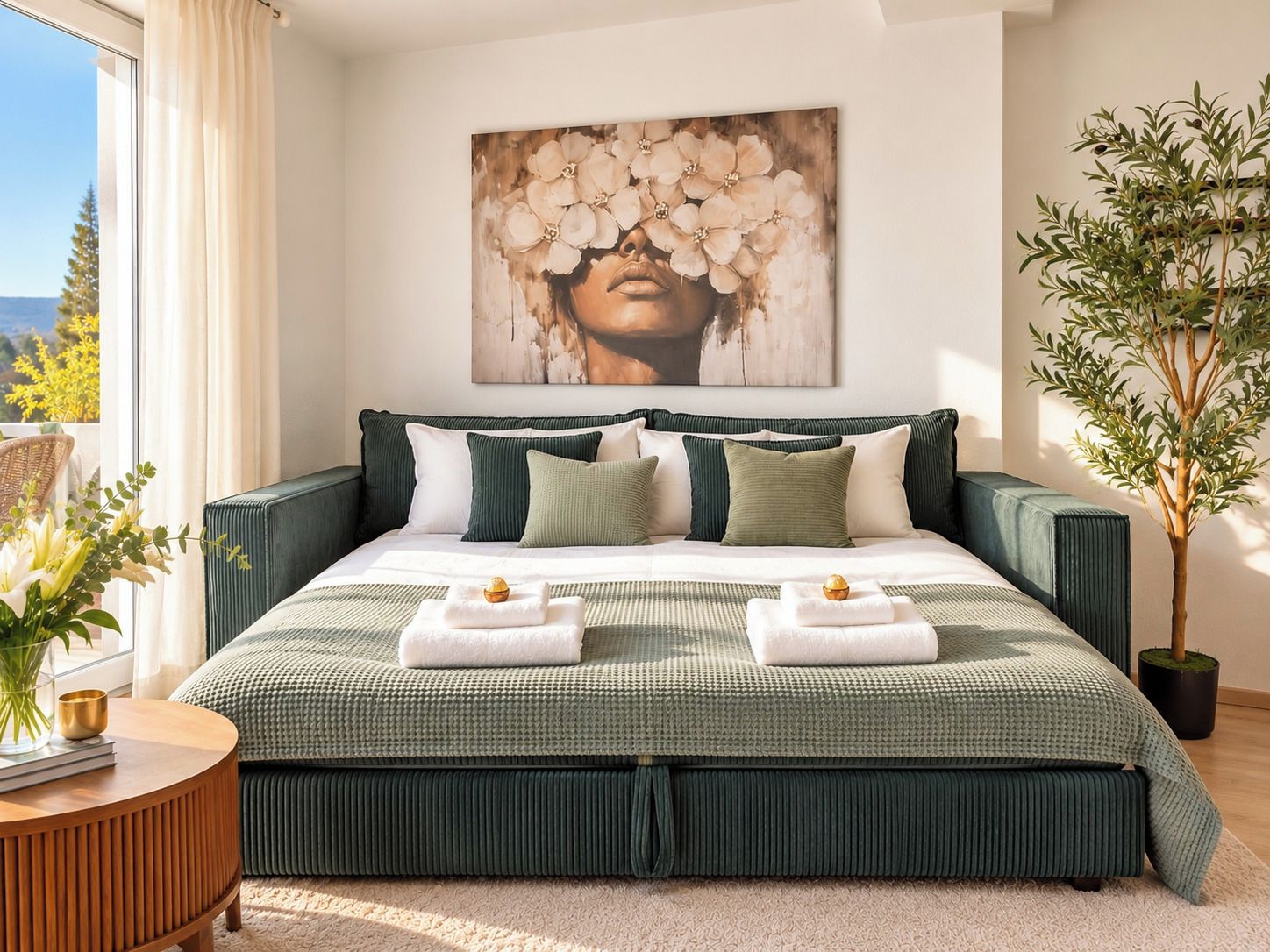 Ein Schlafzimmer mit einem großen Bett, grüner Bettwäsche, einem Gemälde darüber und einer Zimmerpflanze seitlich.