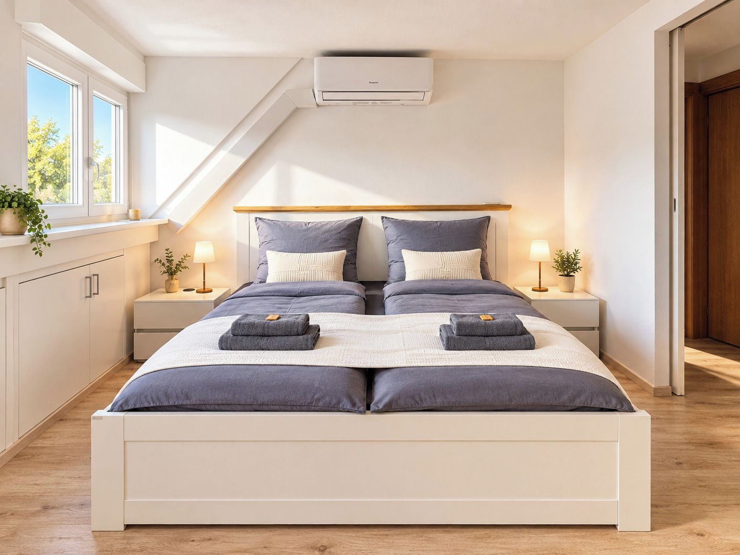 Une chambre à coucher comprenant un lit, des tables de chevet, une fenêtre et un appareil de climatisation.