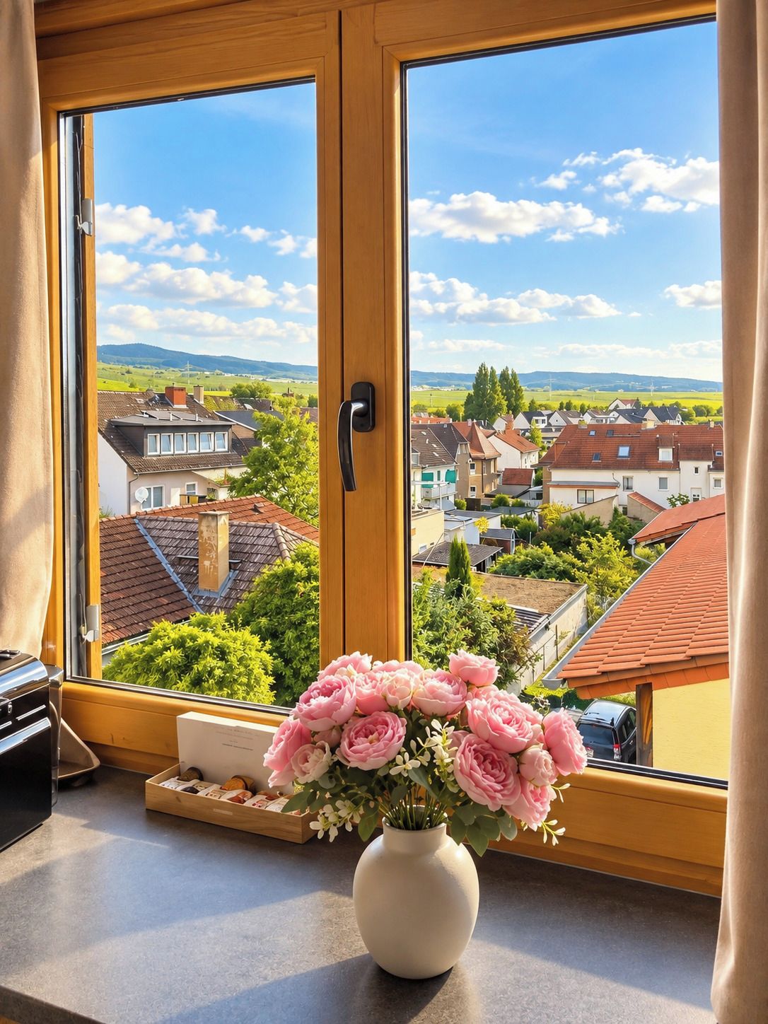 Une fenêtre donnant sur un quartier résidentiel, un vase rempli de fleurs et une poignée de porte.