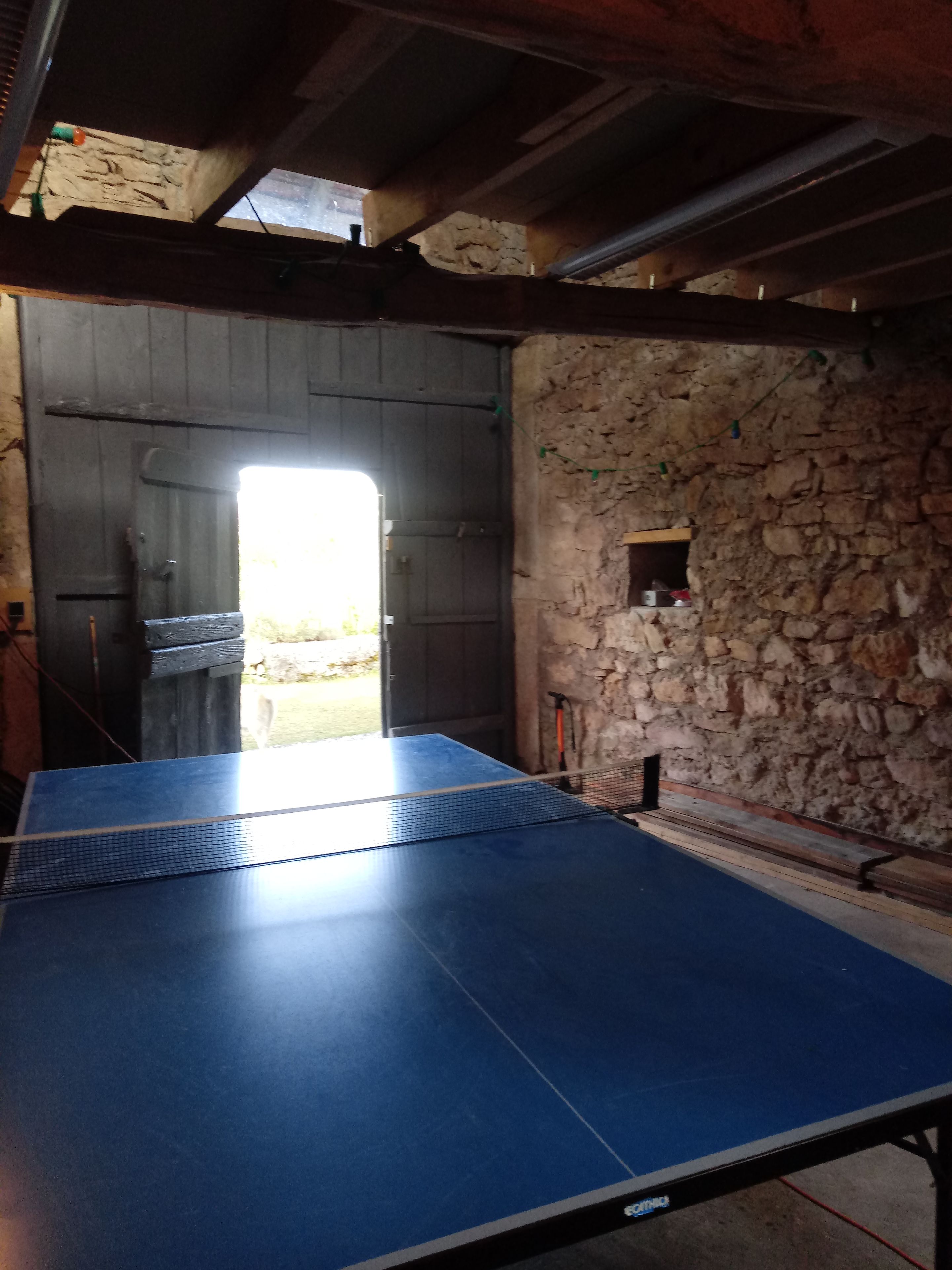 Une table de ping-pong dans une pièce aux murs de pierre et à la porte en bois.