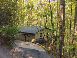 A single-story building with a metal roof, surrounded by dense forest. - Lovely 2-bedroom cabin in the Smoky Mountains in a gated community (Franklin)