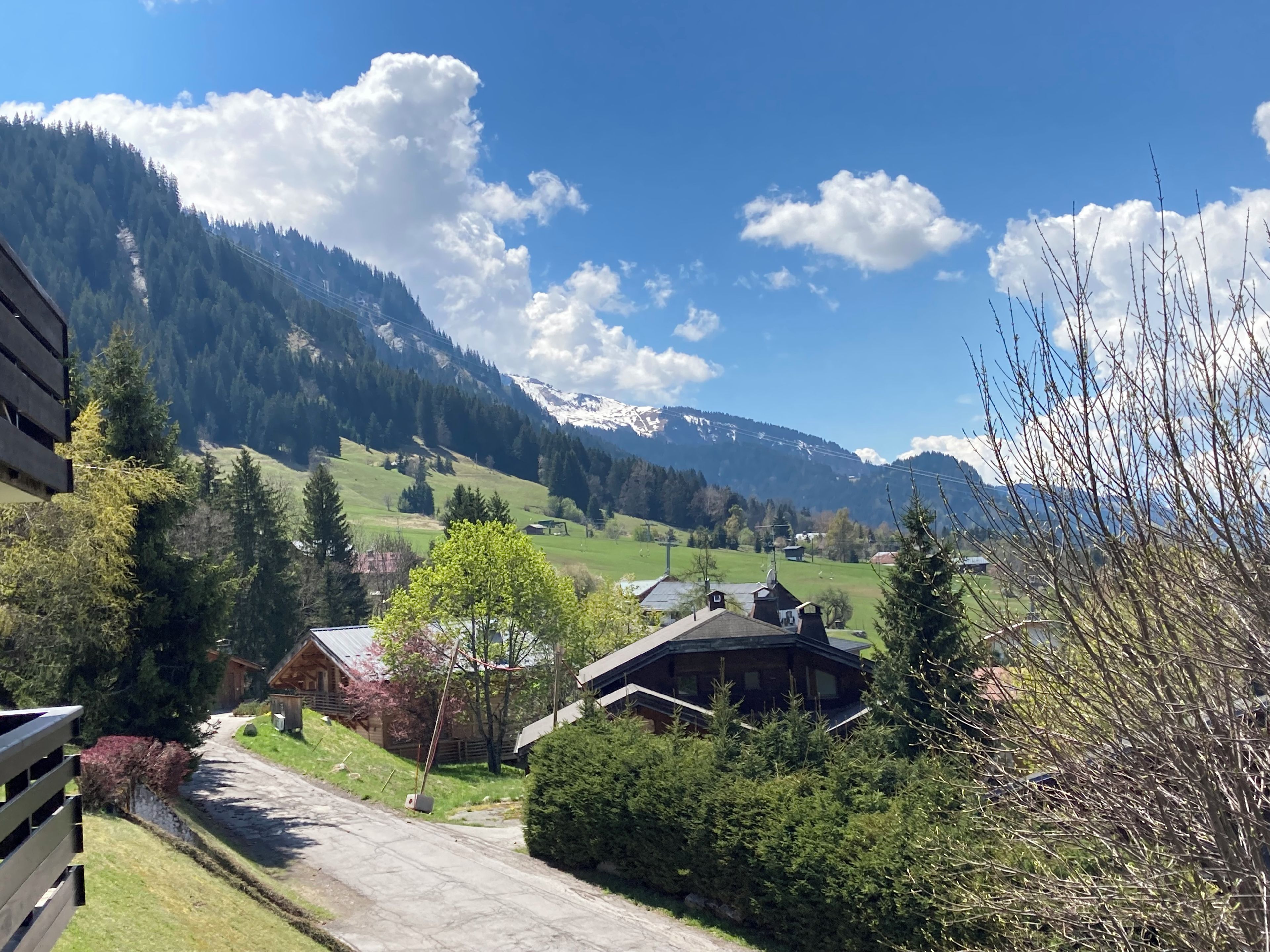 A mountain landscape with a clear sky, a road leading to a building, and a forested area.