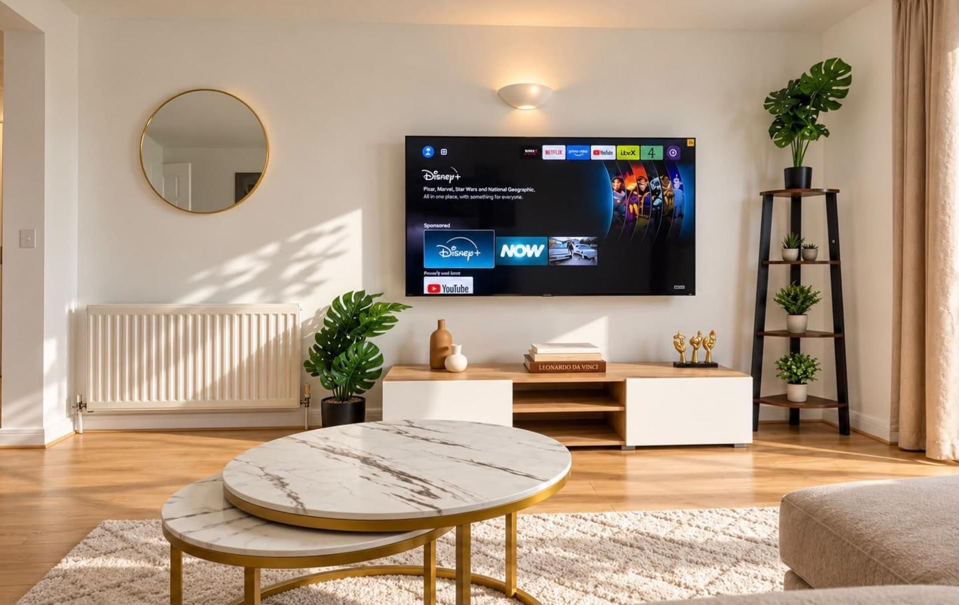 A modern living room with a flat-screen TV mounted on the wall, a round marble coffee table, a white entertainment unit, and a potted plant.