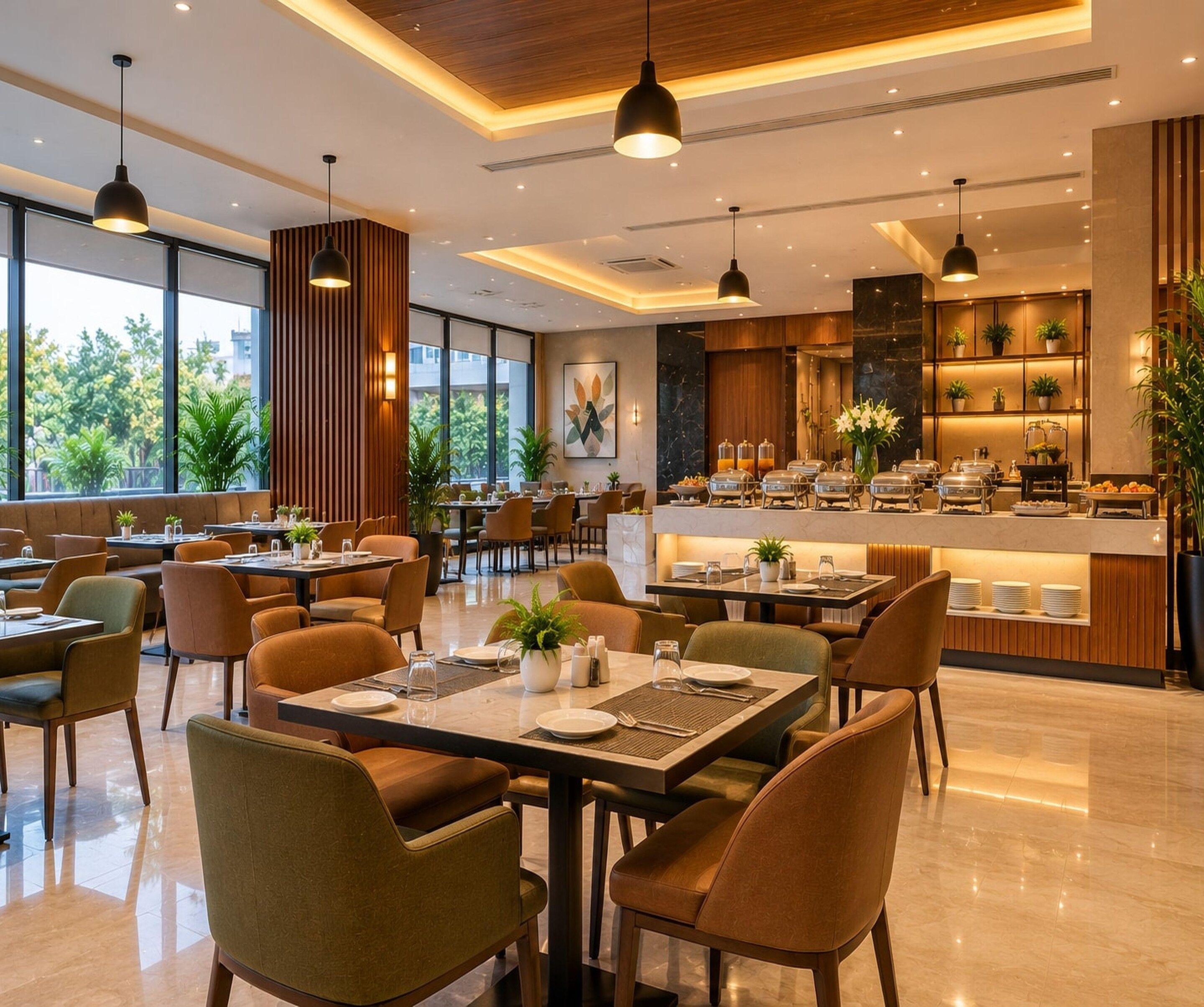 A modern restaurant with a bar area, dining tables, and chairs.