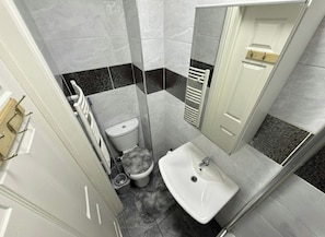 Un baño pequeño con inodoro, lavabo y zona de ducha.