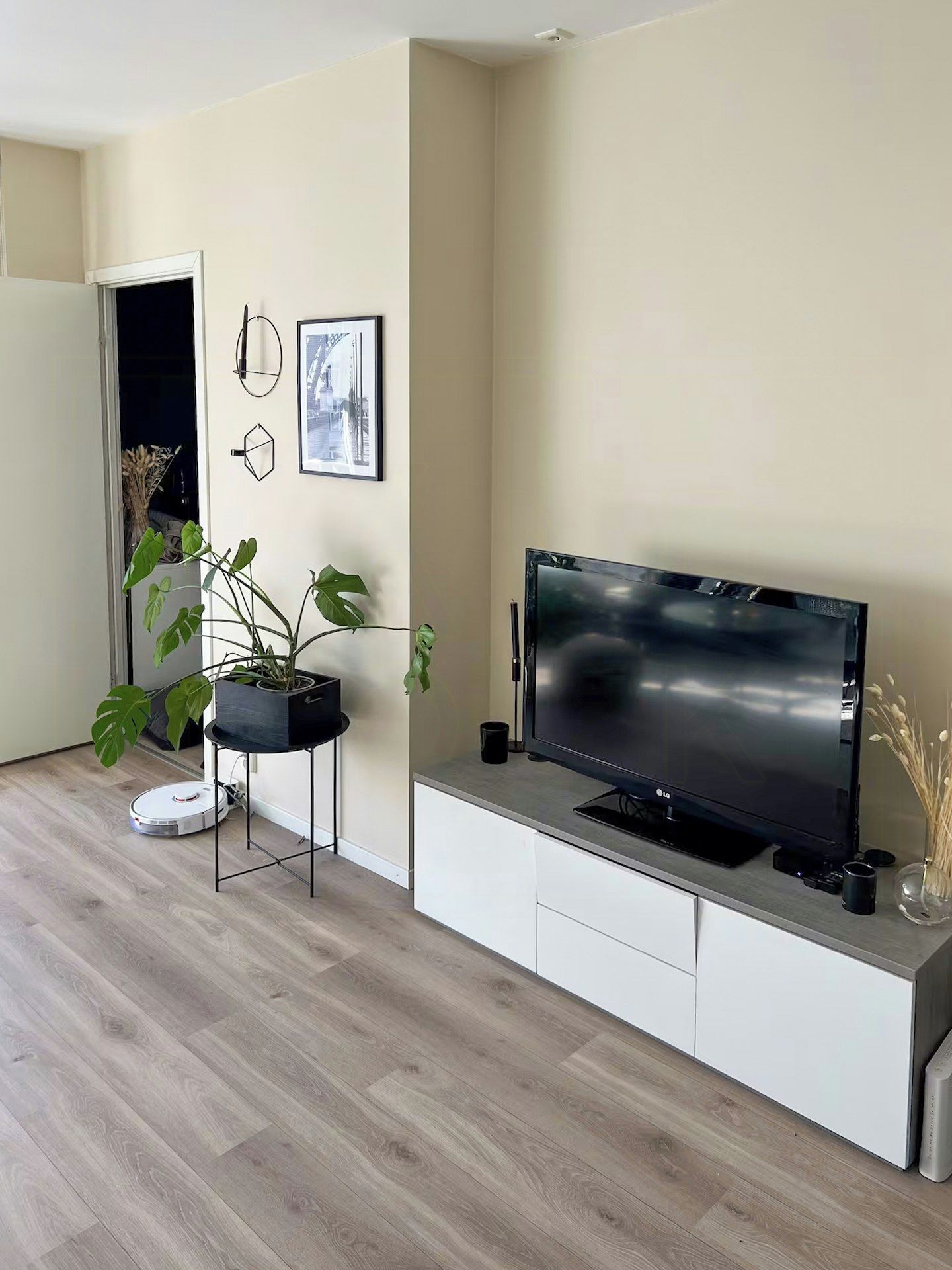 A modern living room with a flat-screen TV, a potted plant, and a minimalist design.
