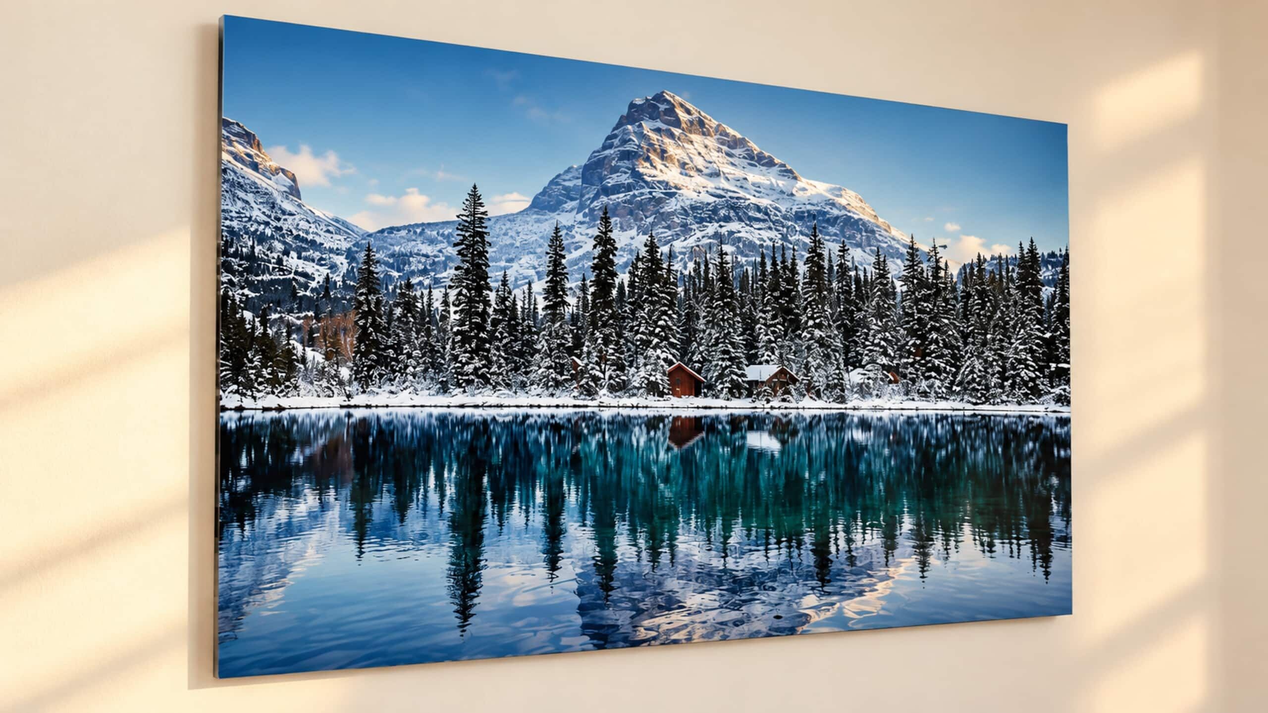A serene winter landscape with a mountain, snow-covered trees, and a calm lake reflecting the scenery.