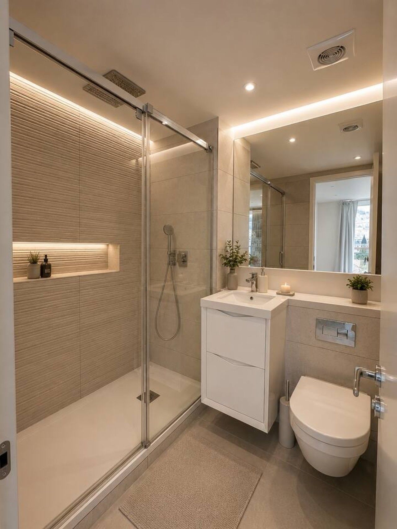 A modern bathroom with a glass-enclosed shower, a white vanity with a mirror, and a toilet.