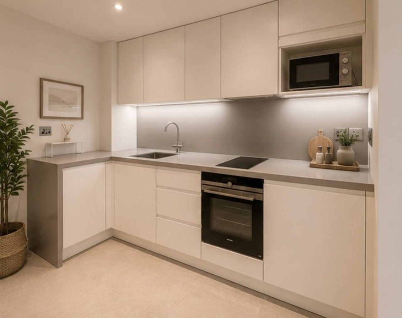 A modern kitchen with a built-in oven, microwave, and sink.