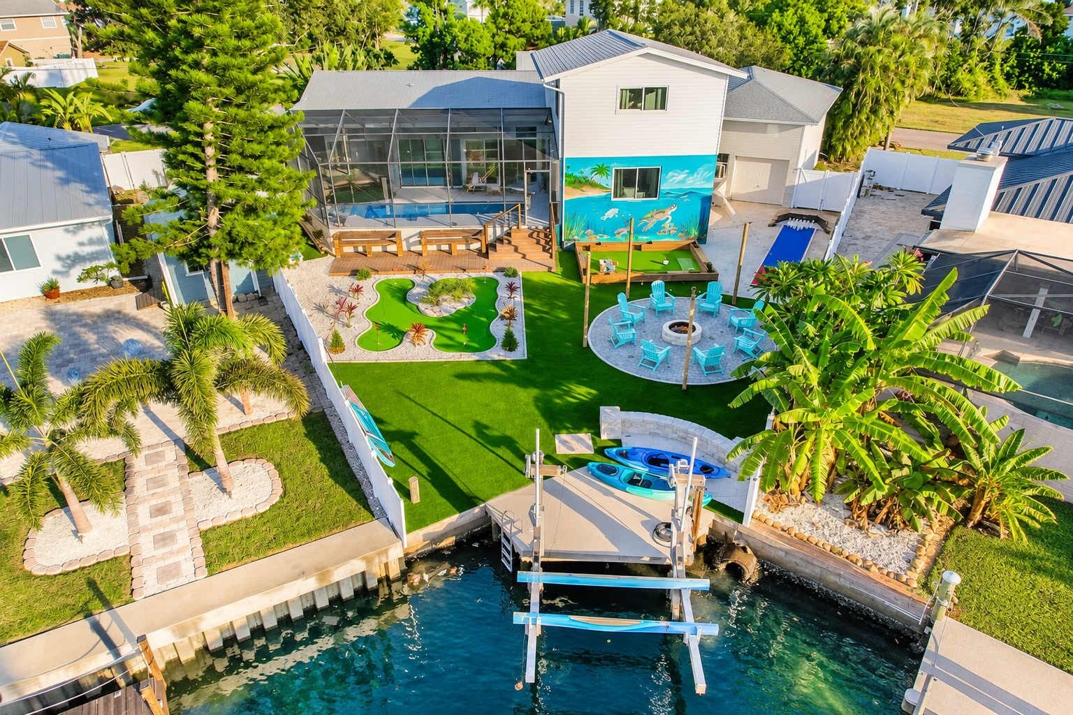 A residential property with a swimming pool, a deck area, and a landscaped garden.