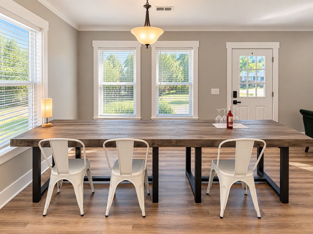 Un vaste espace dédié à la salle à manger, avec une longue table en bois, quatre chaises blanches et de grandes fenêtres équipées de stores.