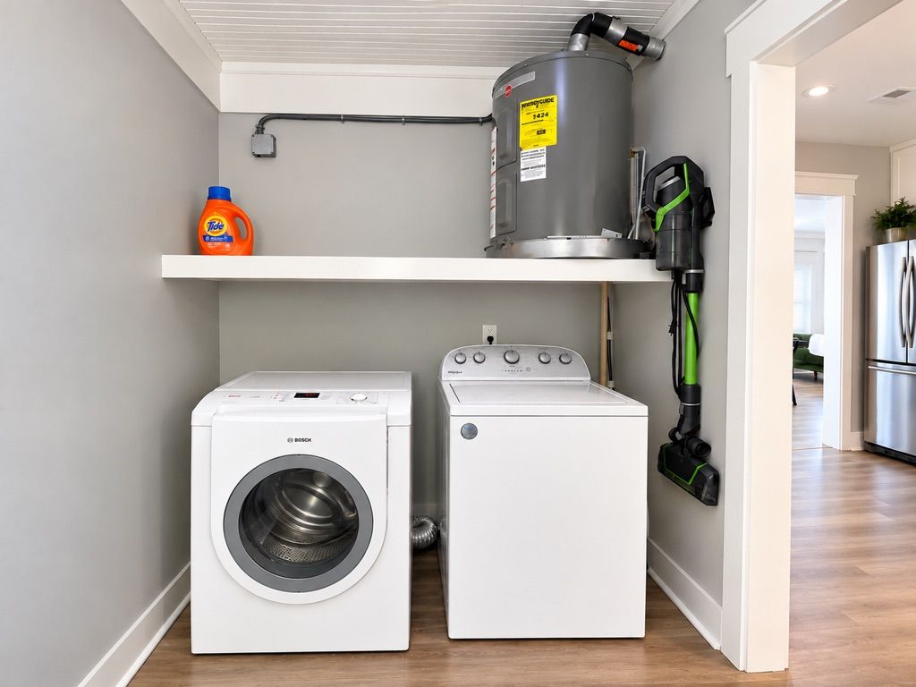 Un espace buanderie comprenant un lave-linge Bosch, un sèche-linge blanc et un chauffe-eau, le tout installé sur une étagère blanche.
