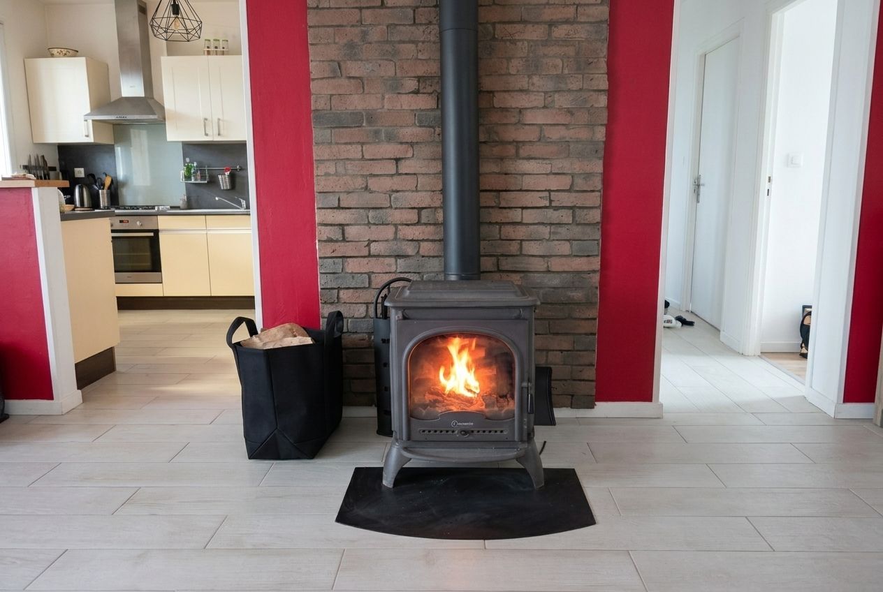 A modern kitchen with a built-in wood stove, a brick wall, and a red accent wall.