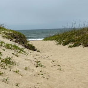 Caminho de areia que leva ao oceano, com dunas gramadas de cada lado.