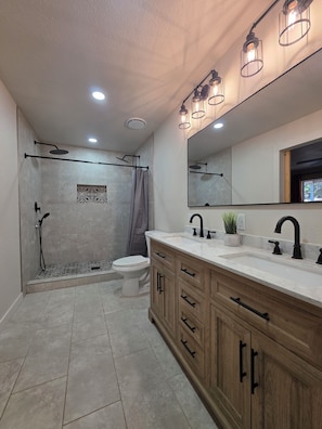 Un baño moderno con ducha, inodoro, tocador y un espejo grande.