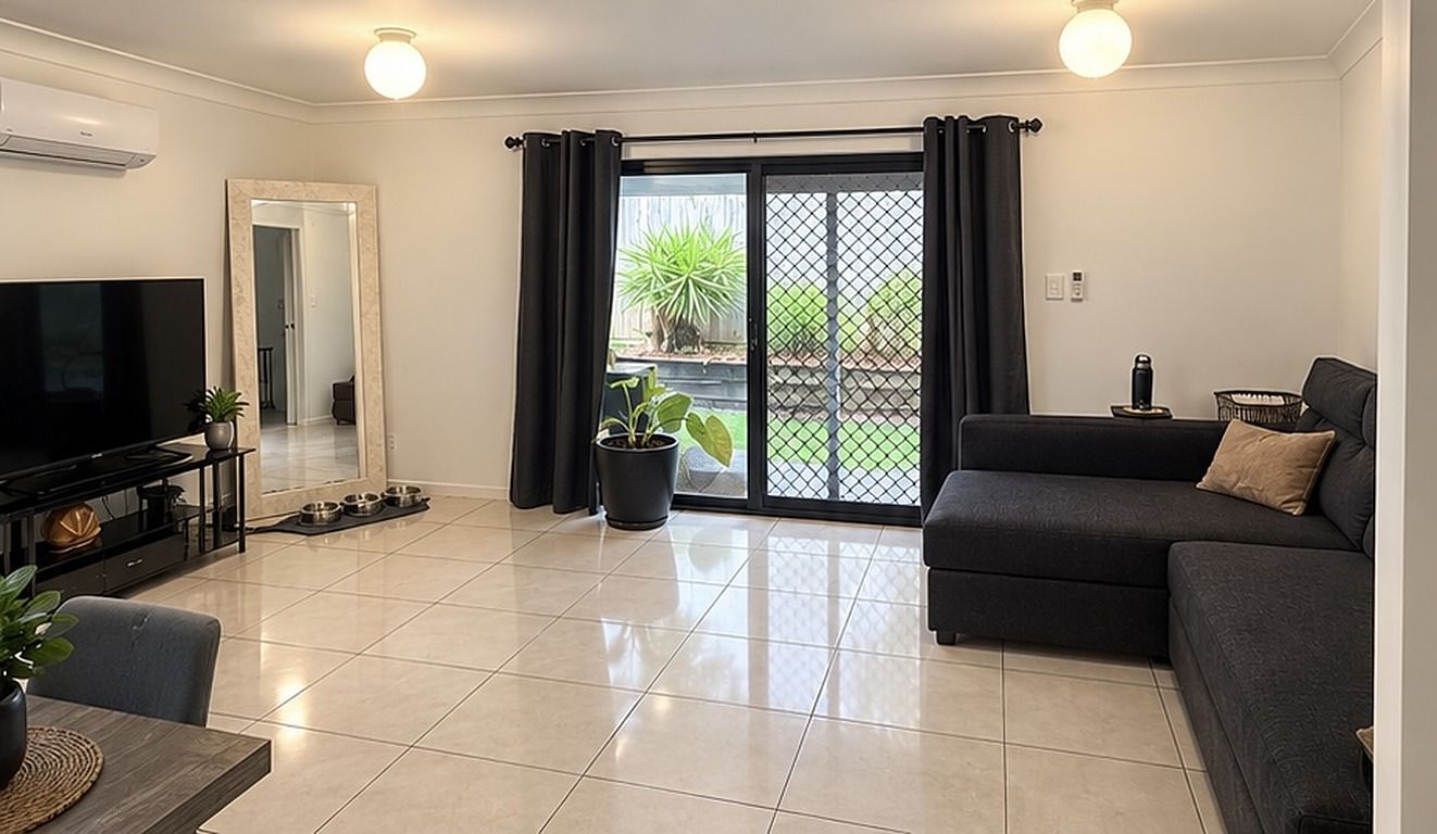 Ein Wohnzimmer mit Flachbildfernseher, einer Couch, einem Couchtisch und einer Schiebetür zu einem Balkon mit Pflanzen.