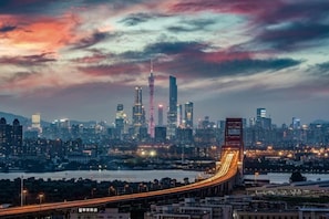 Un horizonte urbano con un puente destacado y rascacielos.
