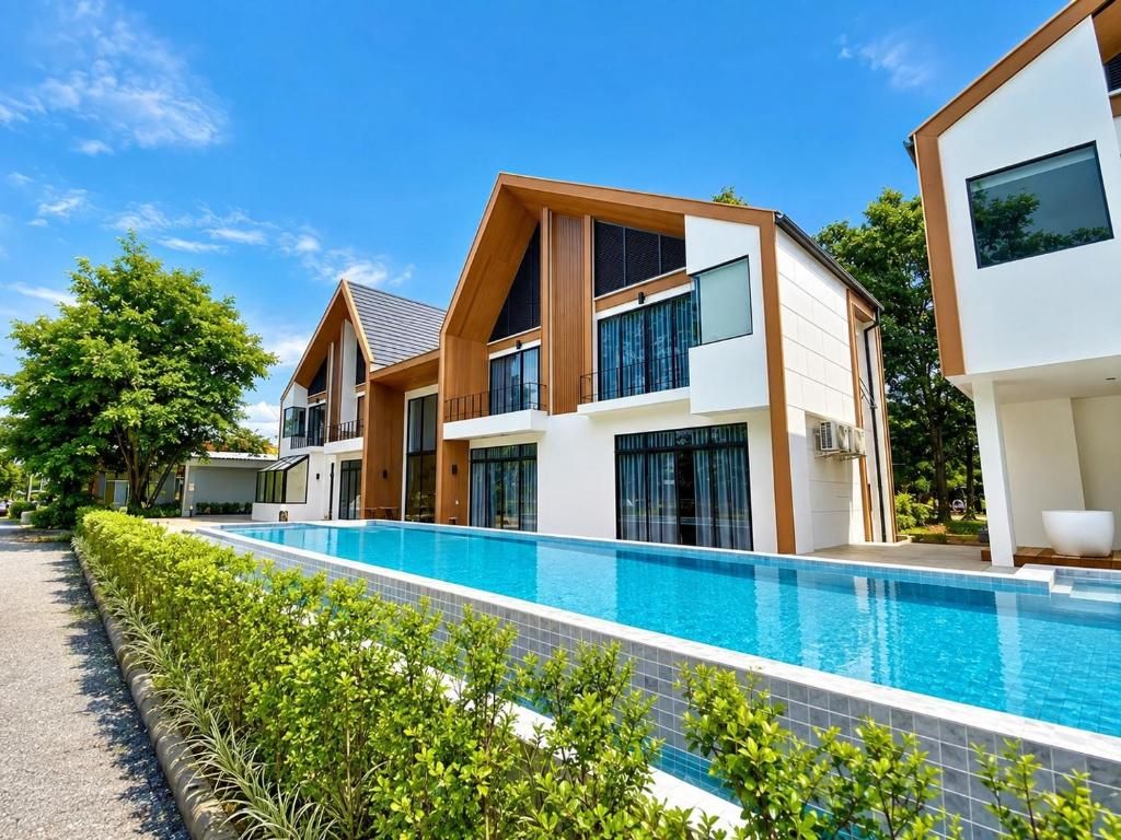 A modern residential building with a swimming pool, large windows, and a well-maintained garden.