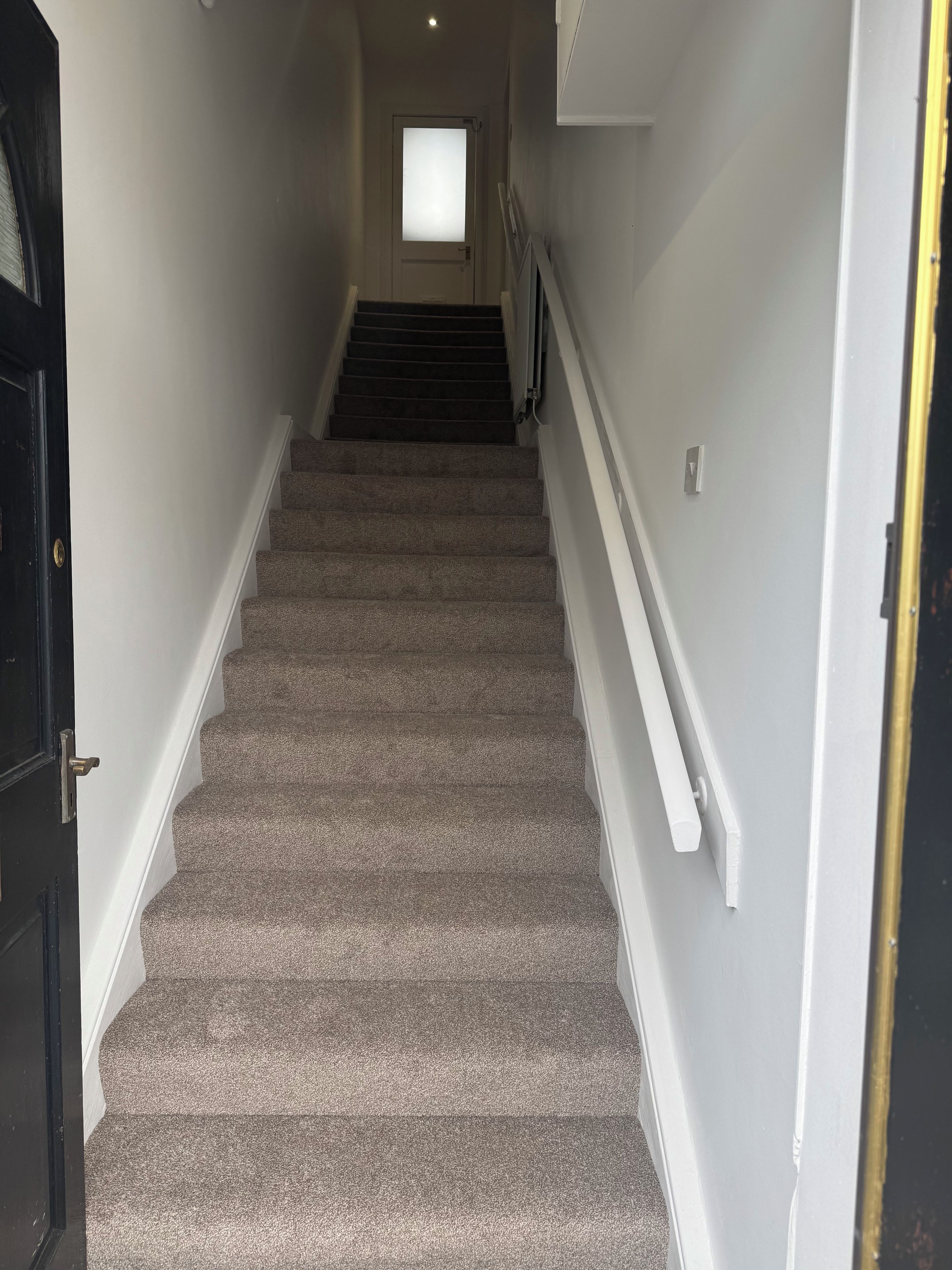 A carpeted staircase with a handrail, leading to a door with a frosted glass panel.