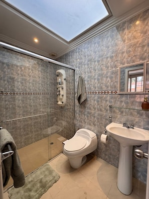 Une salle de bain moderne dotée d’une lucarne, d’une douche à parois de verre, de toilettes et d’un lavabo.