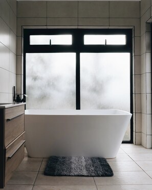 A modern bathroom with a freestanding bathtub, a dark rug, and a large window with a view.