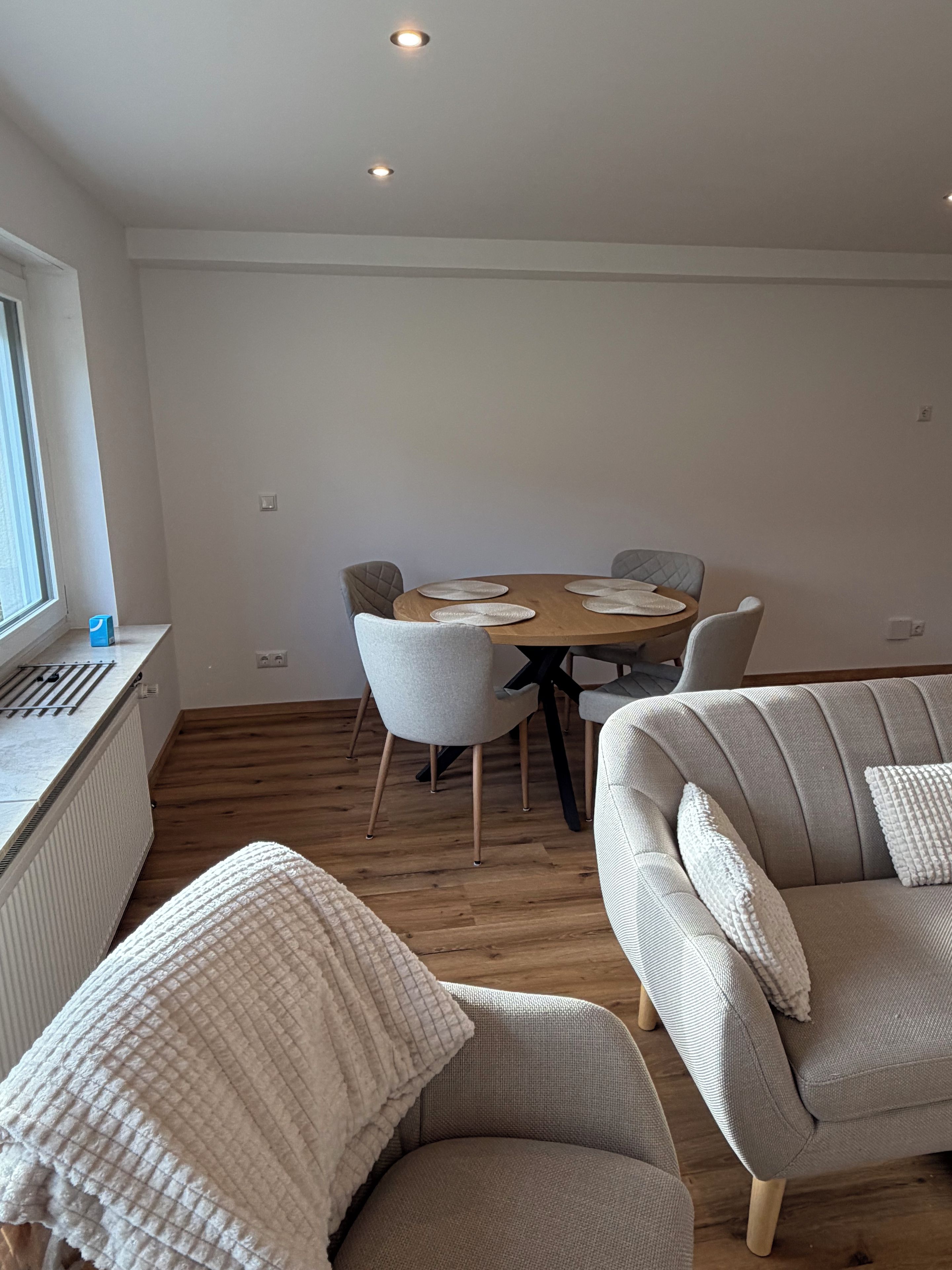 A room with a dining table, four chairs, a sofa, and a radiator.
